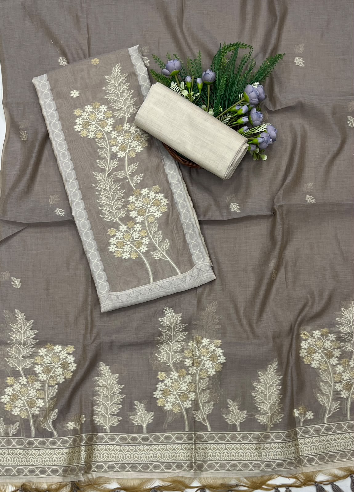 217C Jamdani Beige With Light Brown Suit Fabric / CKC Jamdani Suits