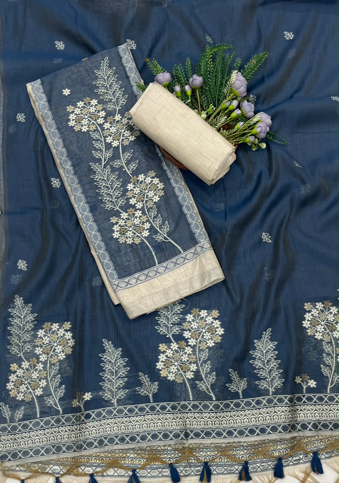 216C Jamdani Beige With Denim Suit Fabric / CKC Jamdani Suits