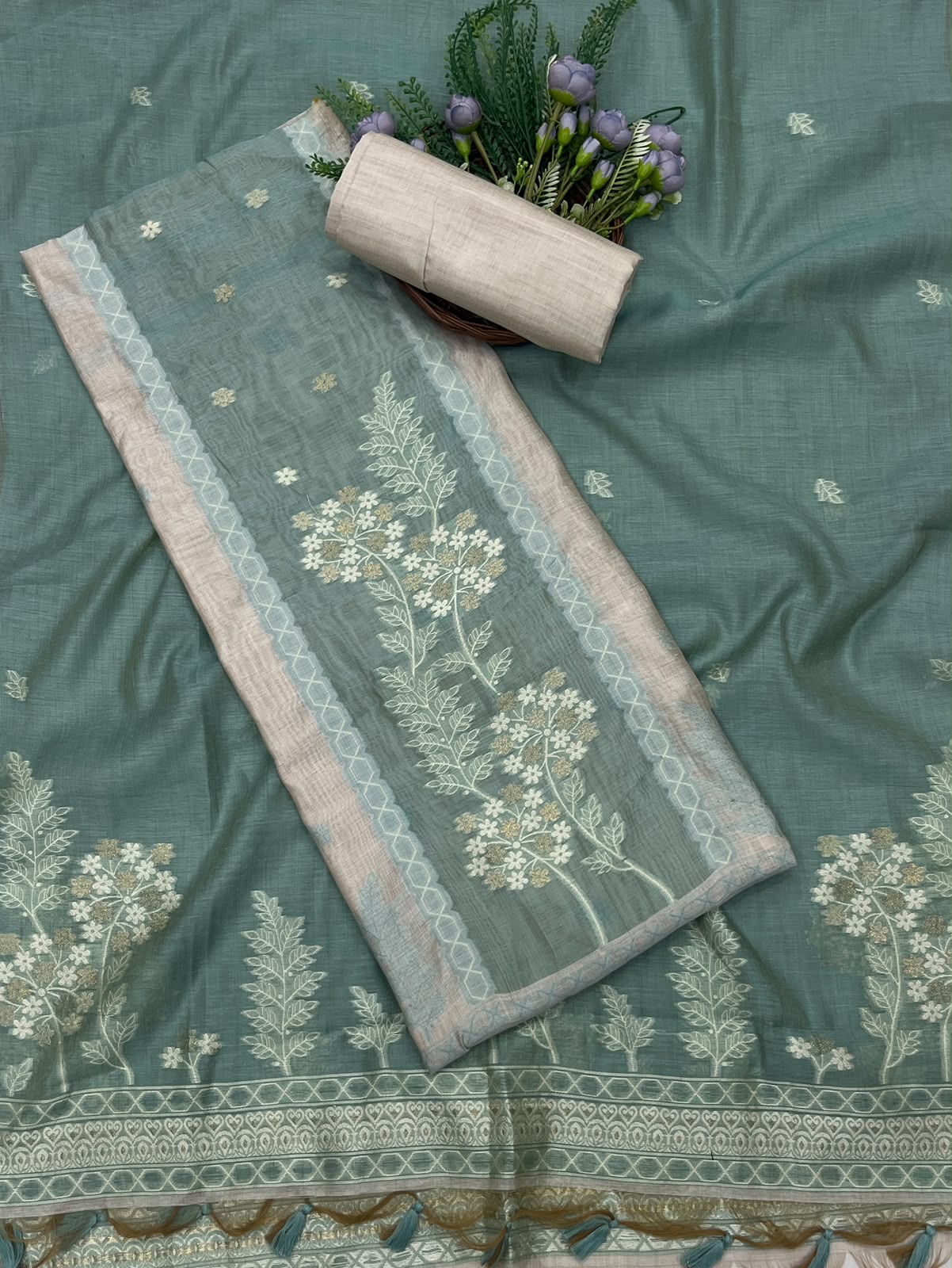 214C Jamdani Beige With Sea Blue Suit Fabric / CKC Jamdani Suits