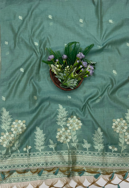 214C Jamdani Beige With Sea Blue Suit Fabric / CKC Jamdani Suits