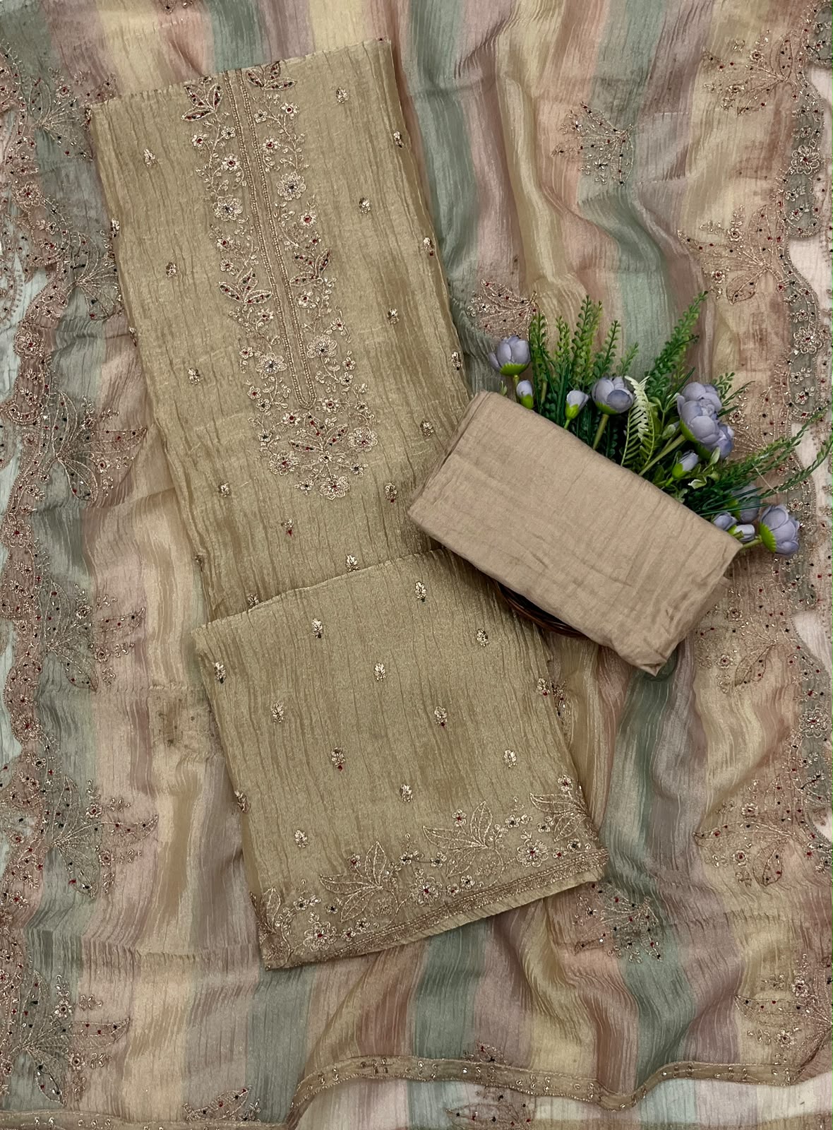 315C Crush Shimmer Dusty Beige Suit Fabric / CKC Banarasi Edit
