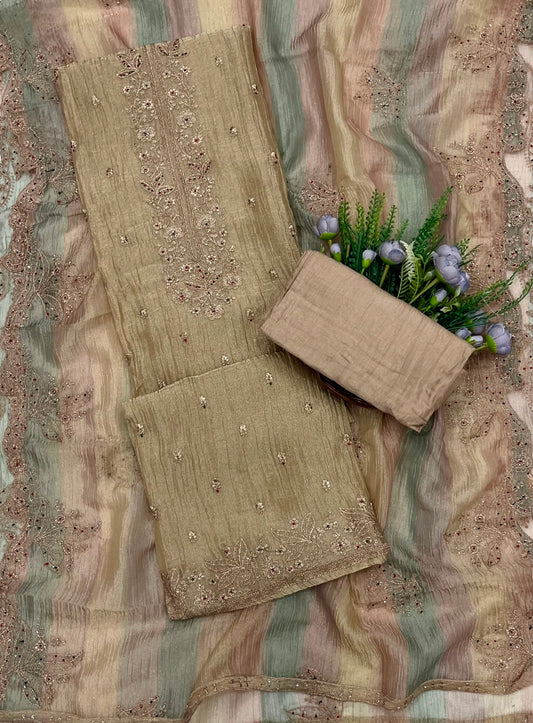 315C Crush Shimmer Dusty Beige Suit Fabric / CKC Banarasi Edit