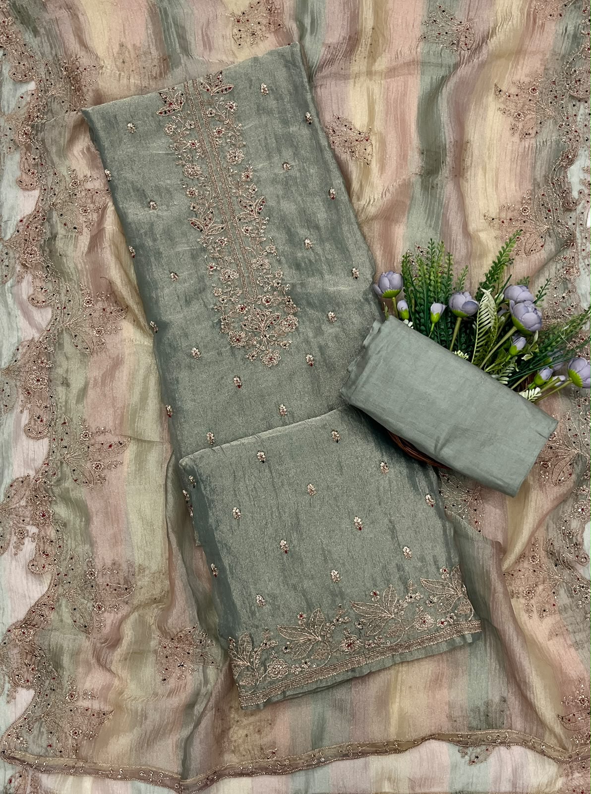 317C Crush Shimmer Dusty Sea Blue Suit Fabric / CKC Banarasi Edit
