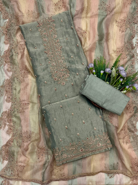 317C Crush Shimmer Dusty Sea Blue Suit Fabric / CKC Banarasi Edit