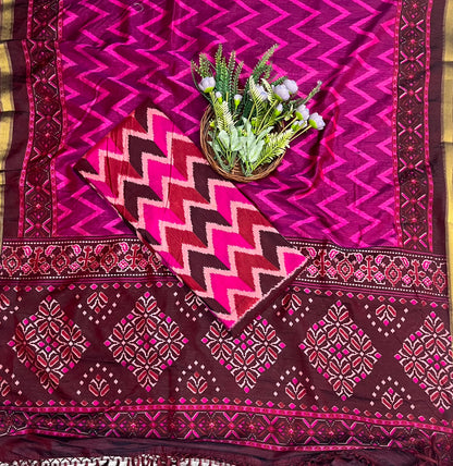 362C Patola Silk Brown With Majenta Suit Fabric / CKC Patola Silk Suits