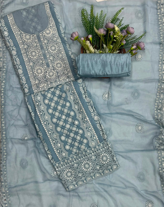 313C Lakhnavi Georgette Light Ice Blue  Suit Fabric/ CKC Lakhnavi Suits