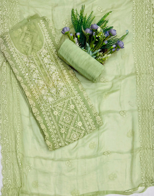 323C Lakhnavi Georgette Light Green Suit Fabric/ CKC Lakhnavi Suits