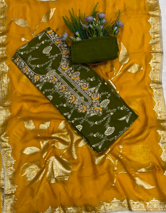 358C Banarasi Organza Mehndi Green With Yellow Suits Fabric/ CKC Banarasi Edit