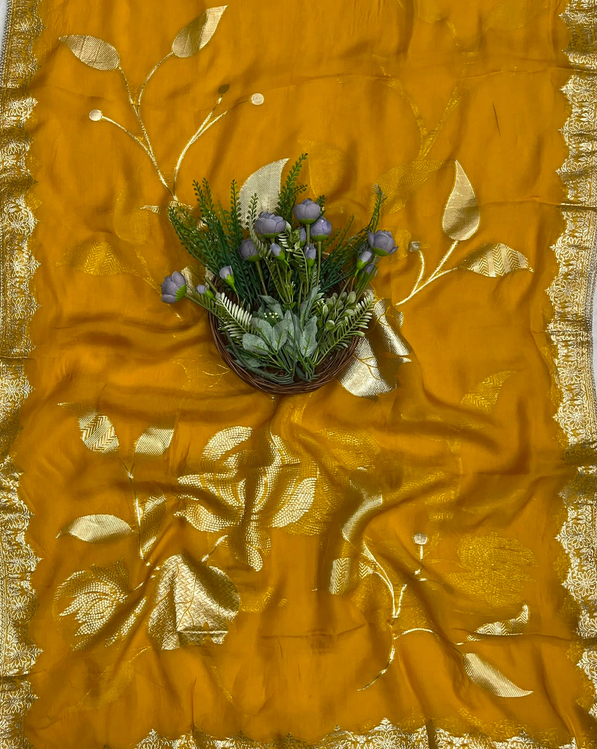 358C Banarasi Organza Mehndi Green With Yellow Suits Fabric/ CKC Banarasi Edit