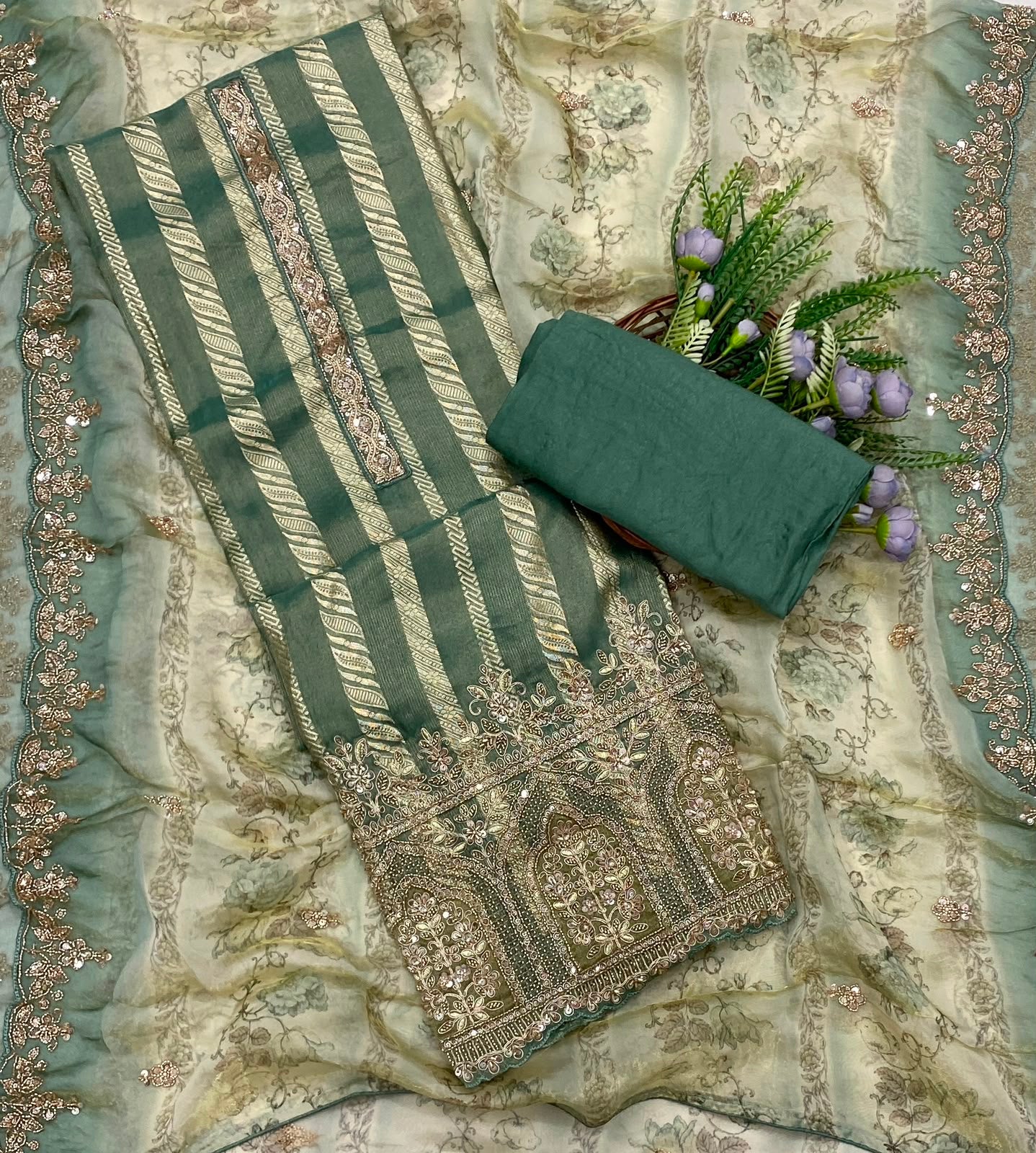 349C Banarasi Shimmer Skin With Dusty Sea Green Suit Fabric / CKC Banarasi Edit