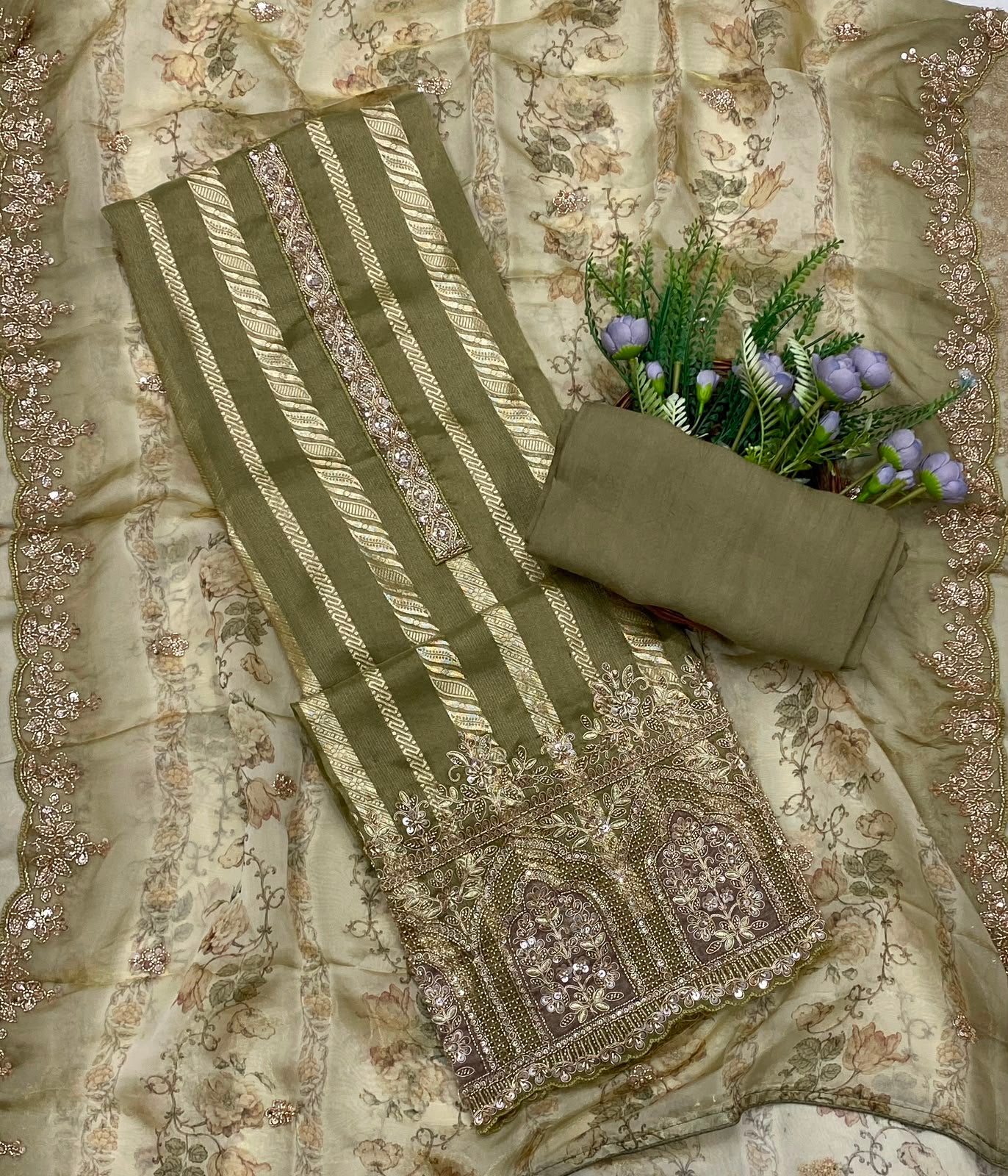 350C Banarasi Shimmer Skin With Dusty Mehndi Green Suit Fabric / CKC Banarasi Edit