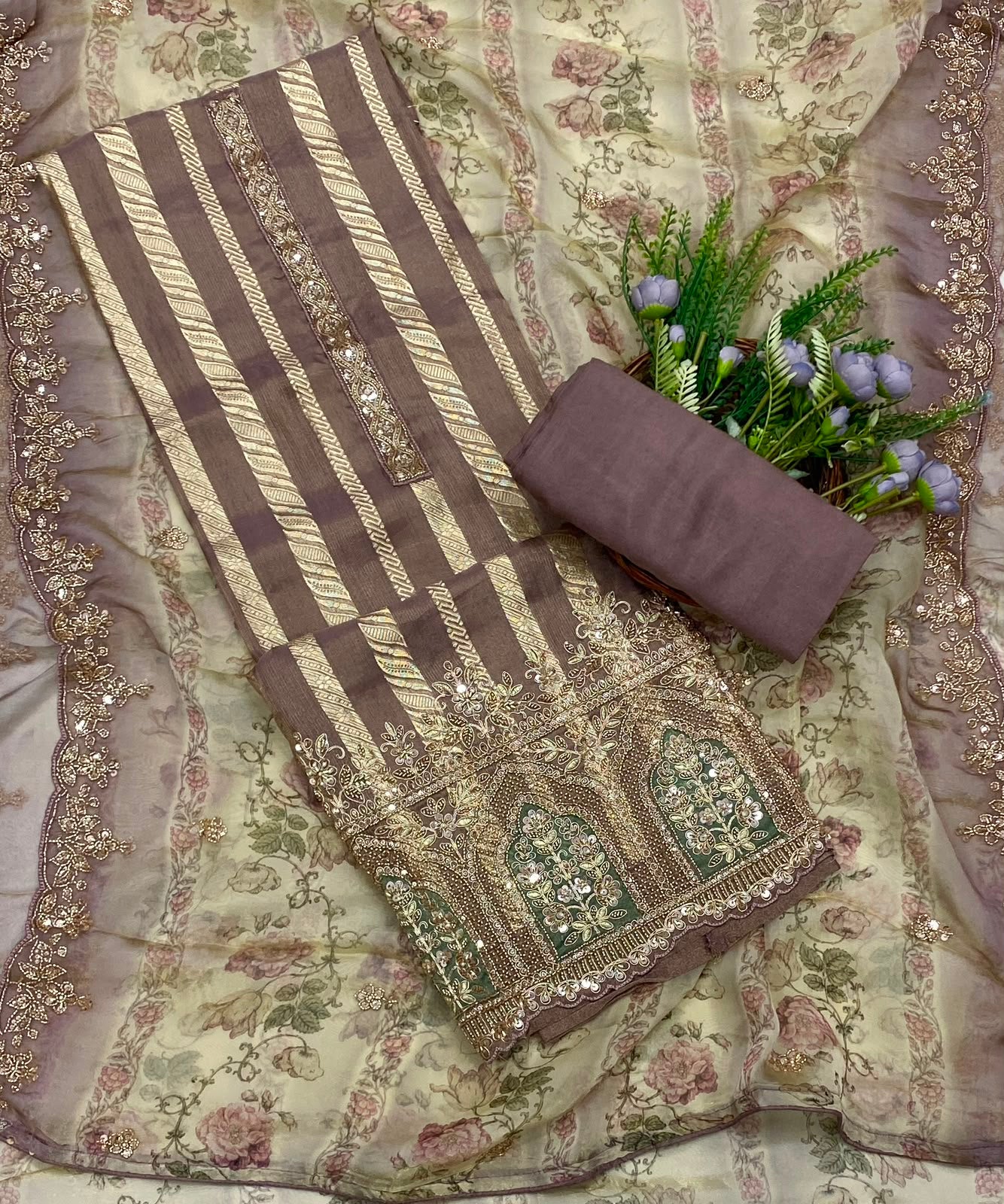 348C Banarasi Shimmer  Skin With Dusty Lilac  Suit Fabric / CKC Banarasi Edit