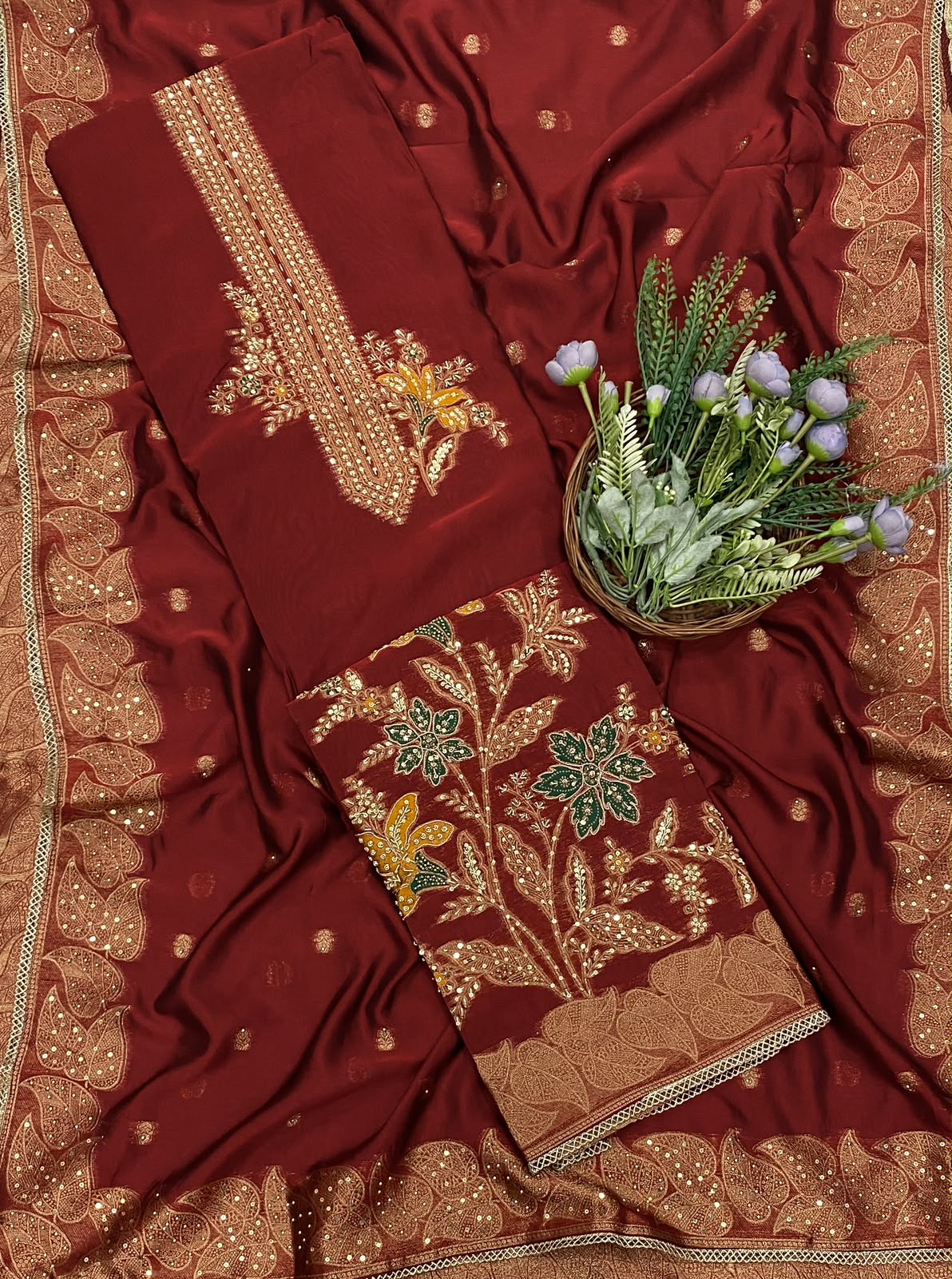 342C Silk Dark Red Suit Fabric / CKC Banarasi Edit