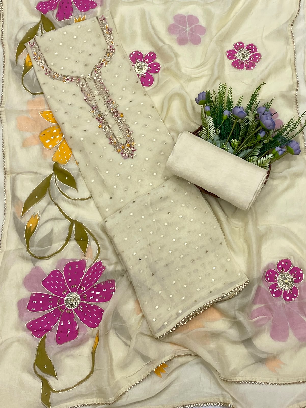 387C Banarasi Organza Cream suit Fabric/ CKC Partywear Collection