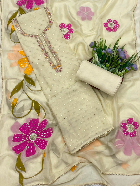 387C Banarasi Organza Cream suit Fabric/ CKC Partywear Collection