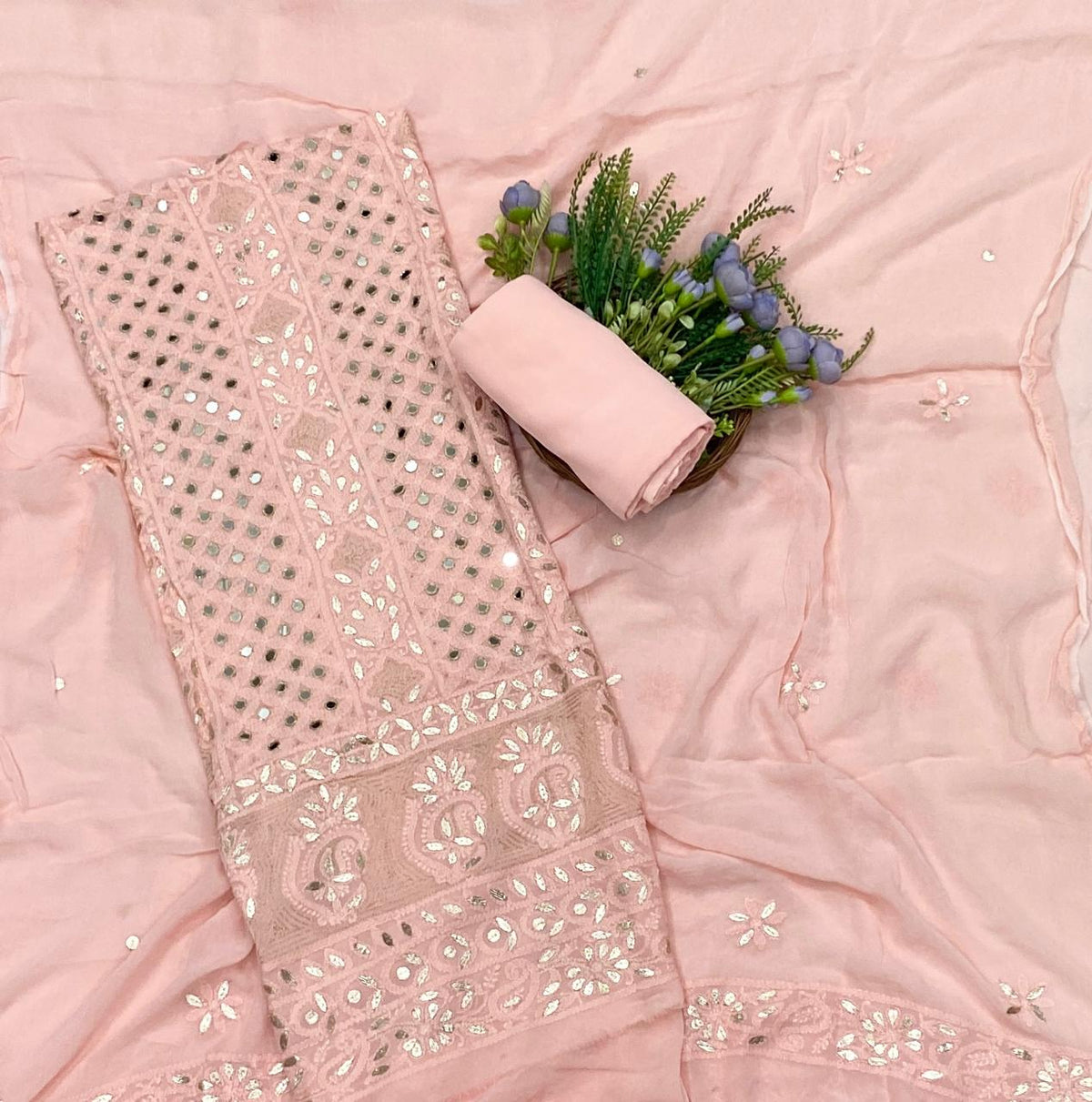 445C Lakhnavi Georgette Peach Suit Fabric/ CKC Lakhnavi Suits