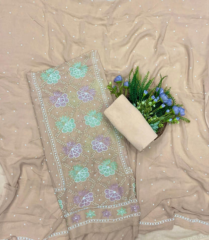 457C Lakhnavi Georgette Beige Suit Fabric/ CKC Lakhnavi Suits