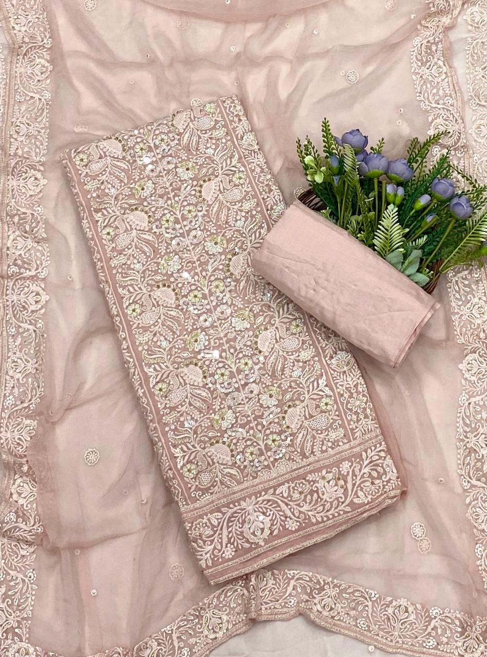 439C Lakhnavi Georgette Powder Pink Suit Fabric/ CKC Lakhnavi Suits