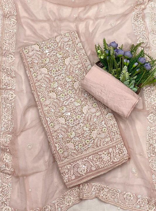 439C Lakhnavi Georgette Powder Pink Suit Fabric/ CKC Lakhnavi Suits