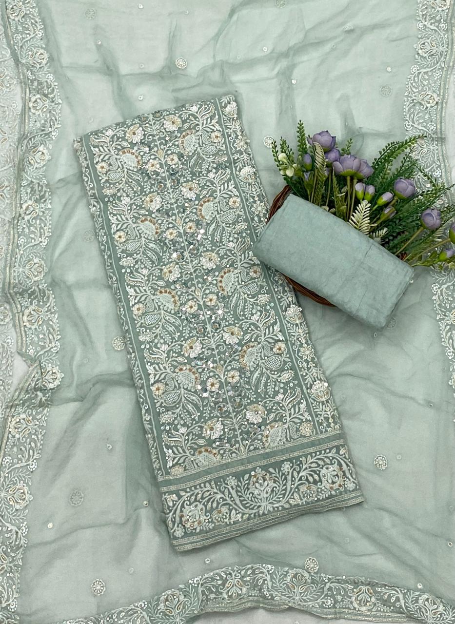 440C Lakhnavi Georgette Sea Blue Suit Fabric/ CKC Lakhnavi Suits