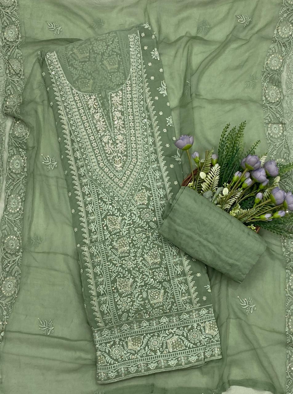 460C Lakhnavi Georgette Green Suit Fabric/ CKC Lakhnavi Suits