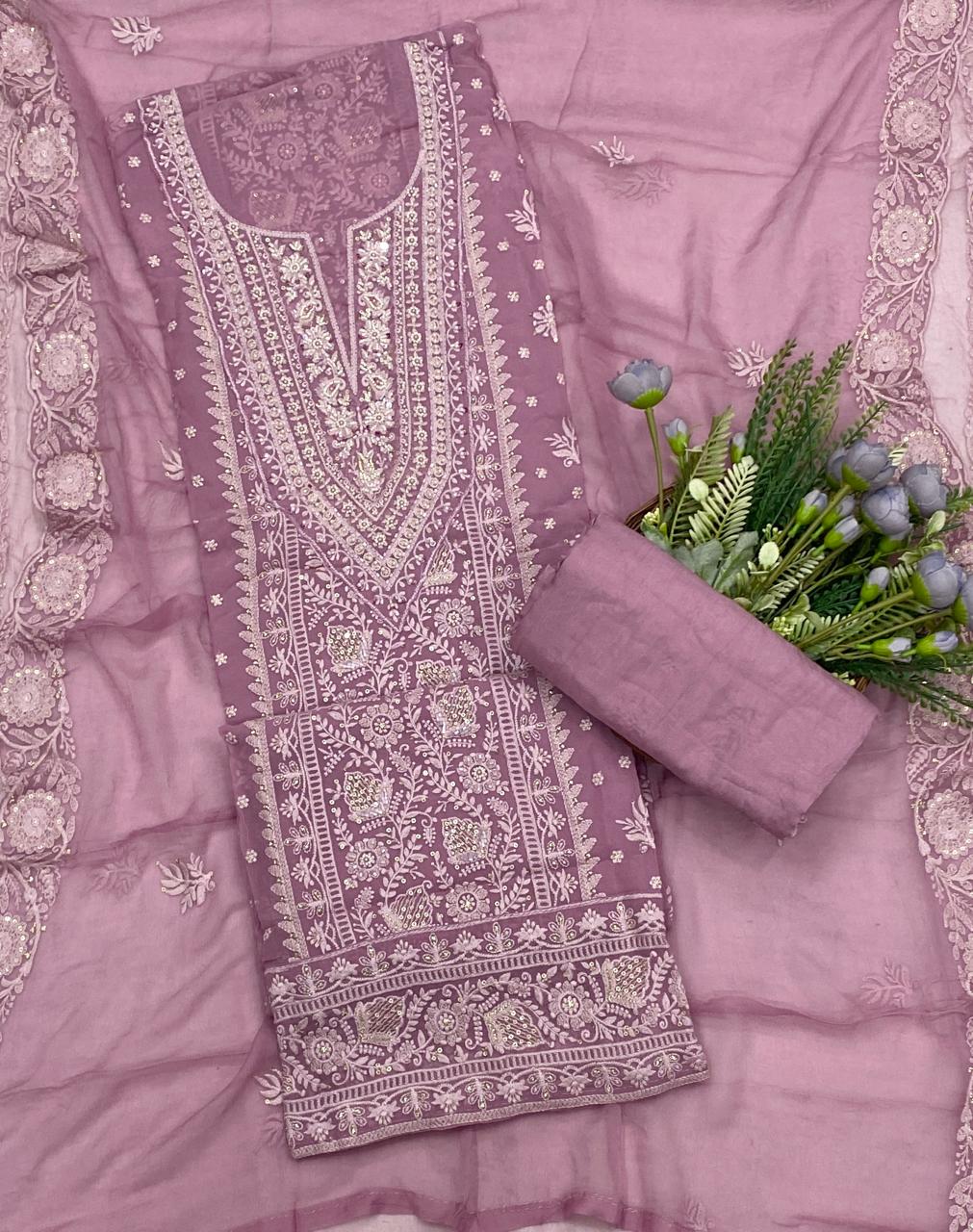 458C Lakhnavi Georgette Lilac Suit Fabric/ CKC Lakhnavi Suits