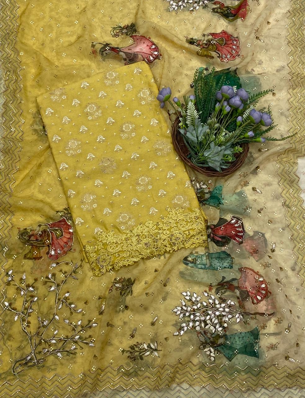 432C Banarasi Silk Lemon  Suit Fabric / CKC Banarasi Edit