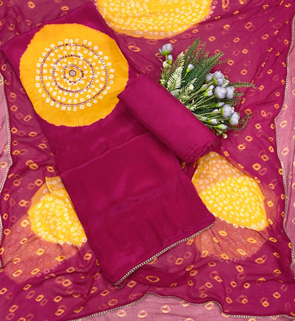 438C Jaipuri Crepe Hot Pink With Yellow Suit Fabric / CKC Jaipuri Suits