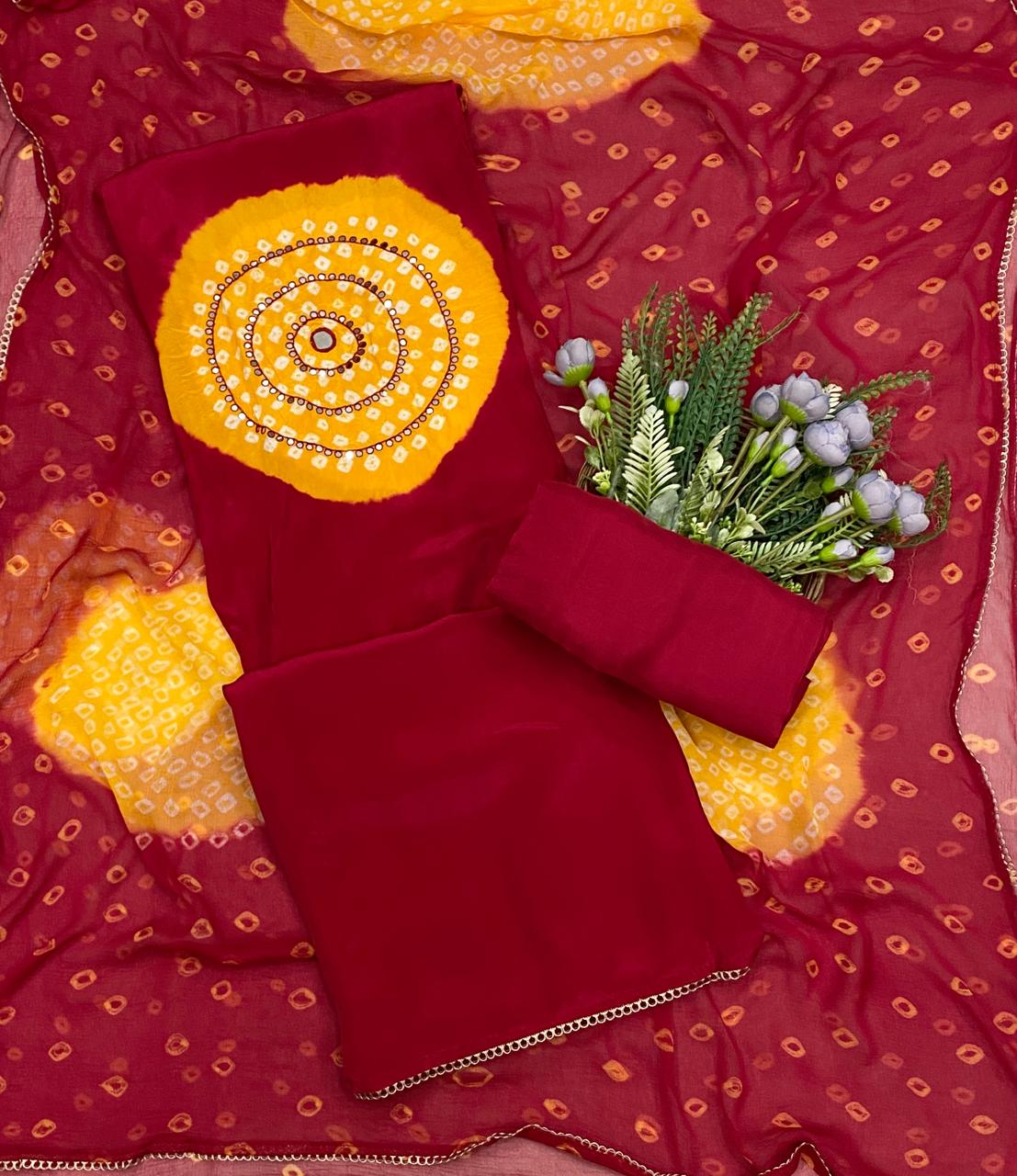 437C Jaipuri Crepe Red With Yellow Suit Fabric / CKC Jaipuri Suits
