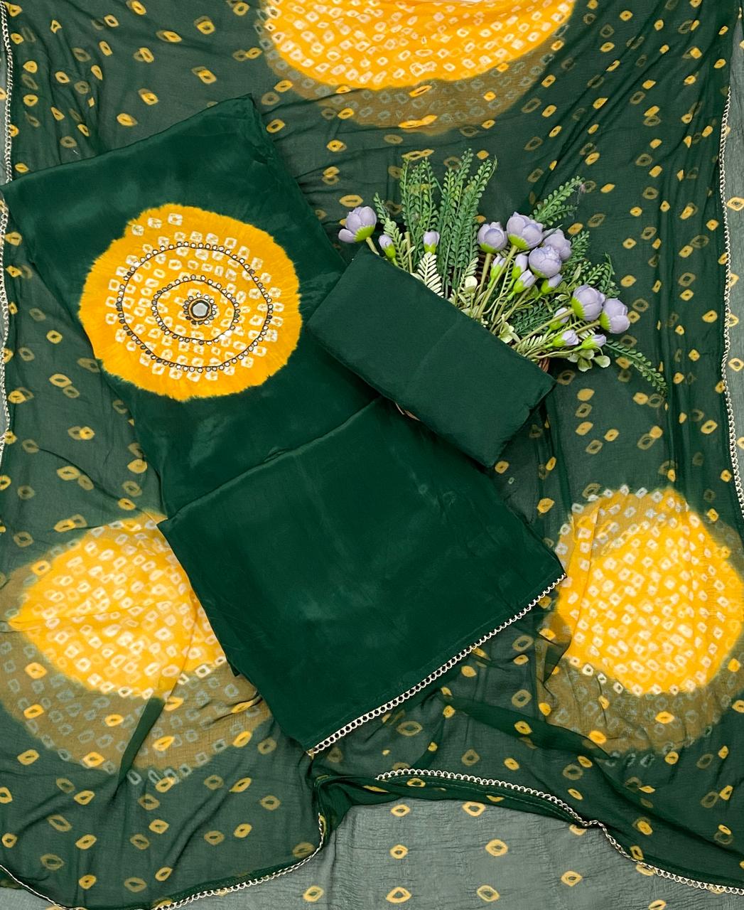 436C Jaipuri Crepe Dark Green With Yellow Suit Fabric / CKC Jaipuri Suits
