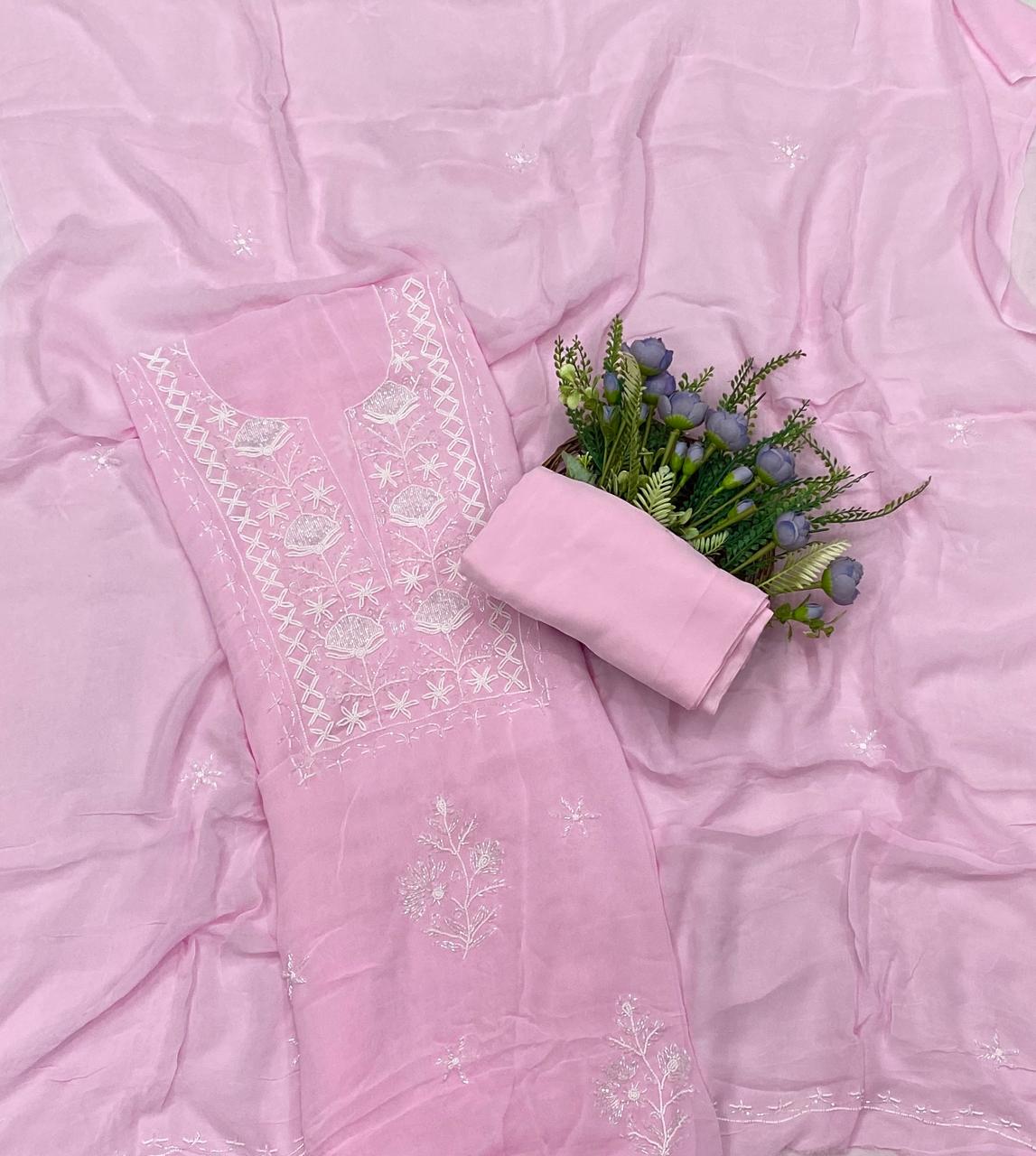 444C Lakhnavi Georgette Light Pink Suit Fabric/ CKC Lakhnavi Suits