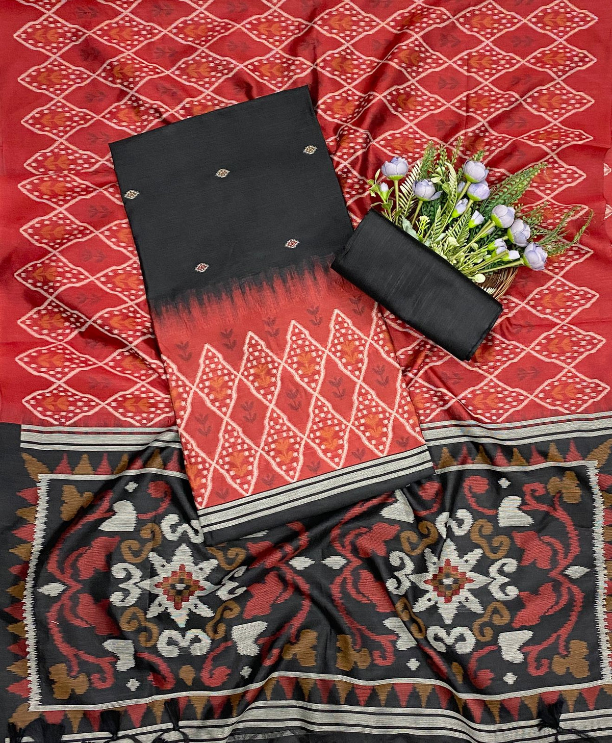 482C Jamdani Black With Red Suit Fabric / CKC Jamdani Suits