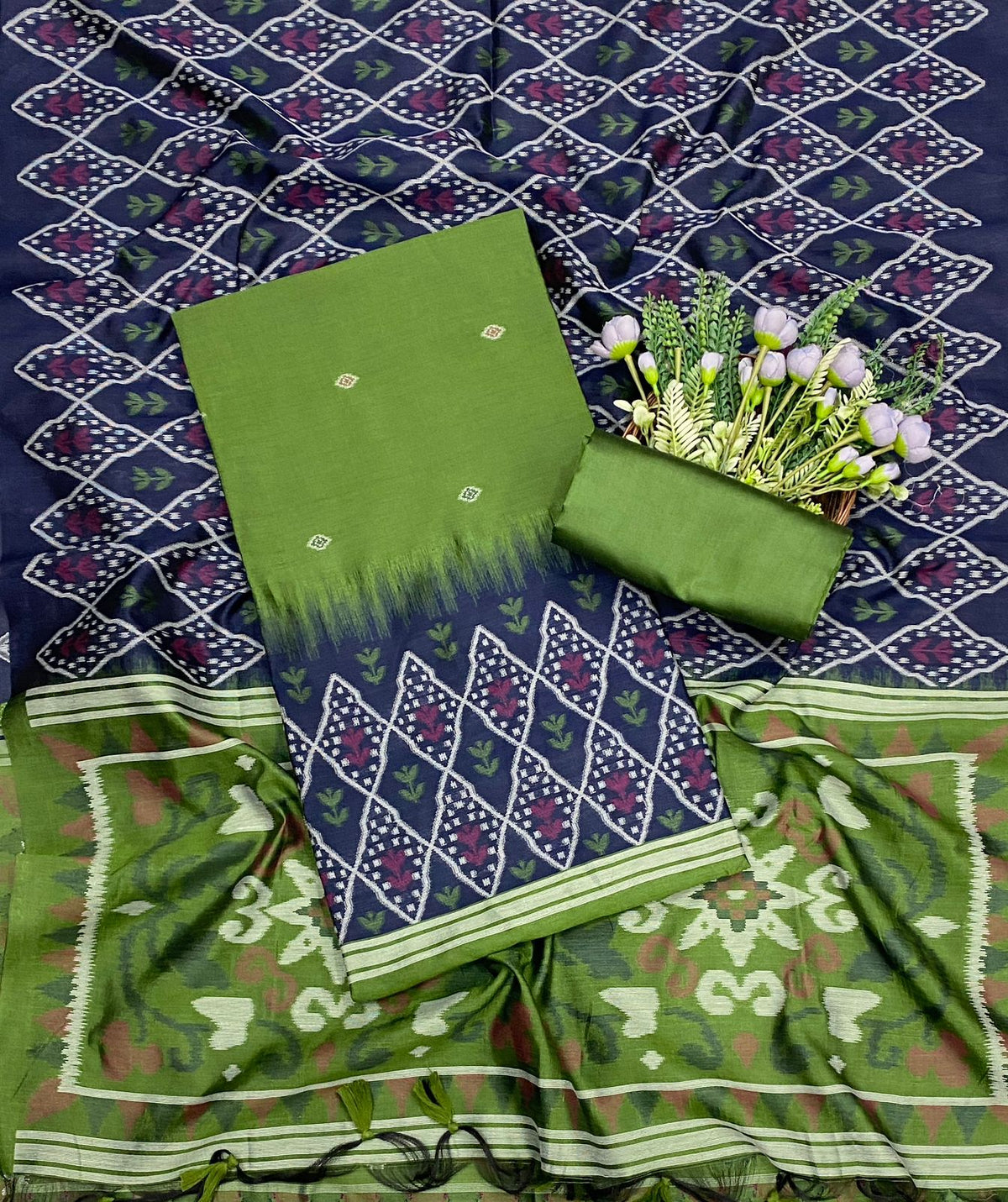 480C Jamdani Green With Navy Blue Suit Fabric / CKC Jamdani Suits