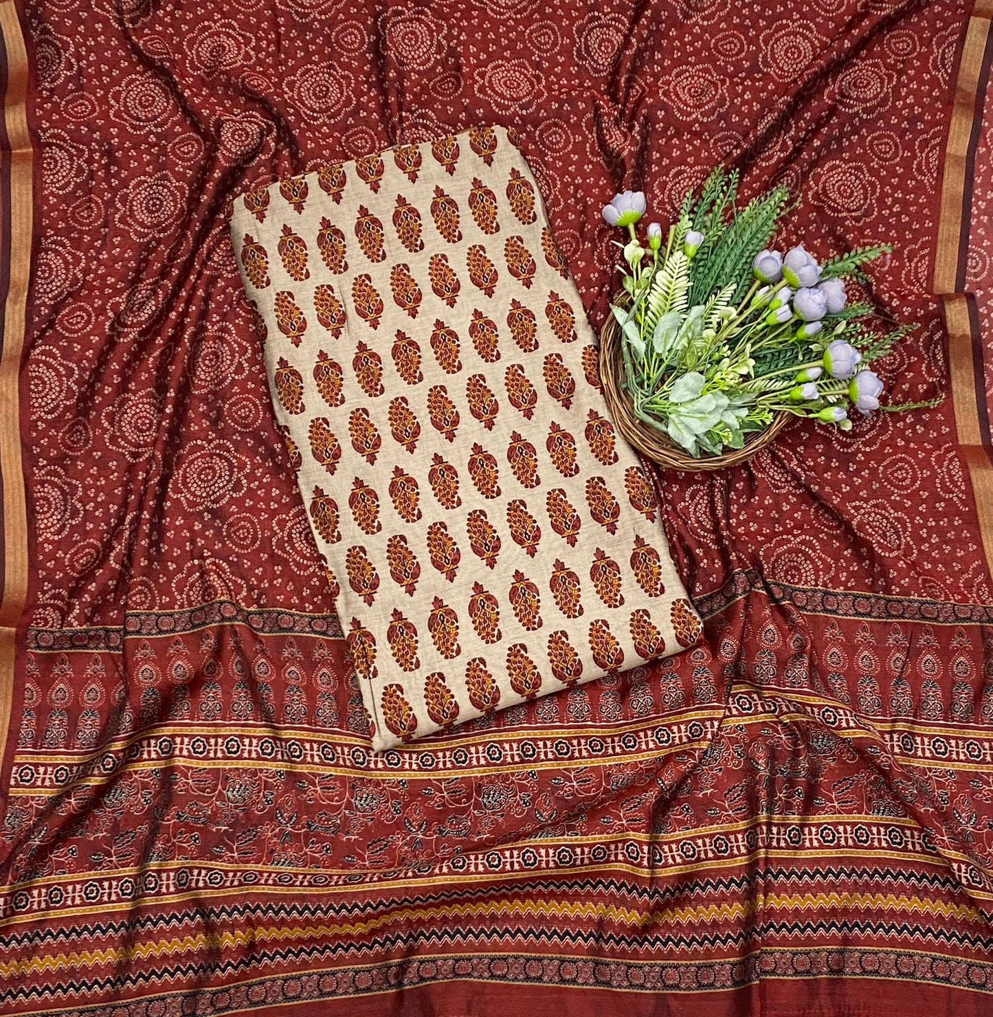 484C Maheshwari Beige With Red Suit Fabric / CKC Maheshwari Suits