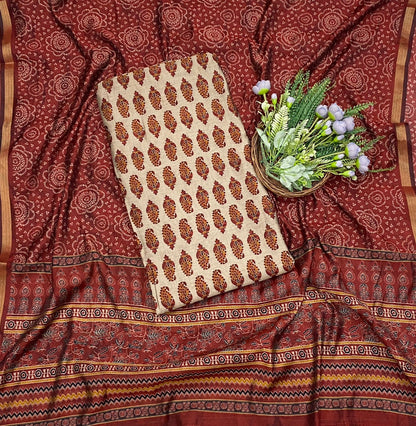 484C Maheshwari Beige With Red Suit Fabric / CKC Maheshwari Suits