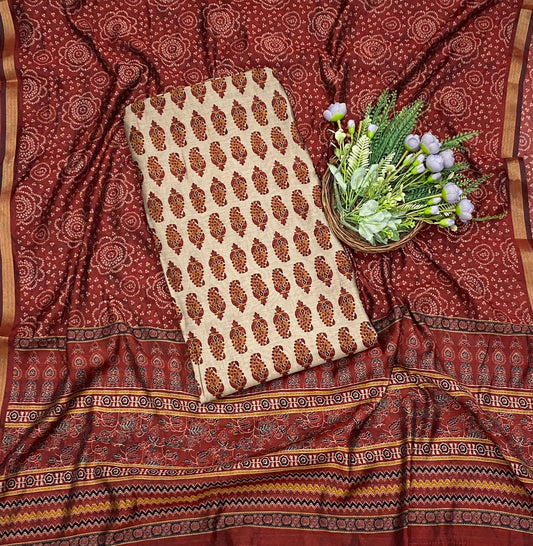 484C Maheshwari Beige With Red Suit Fabric / CKC Maheshwari Suits