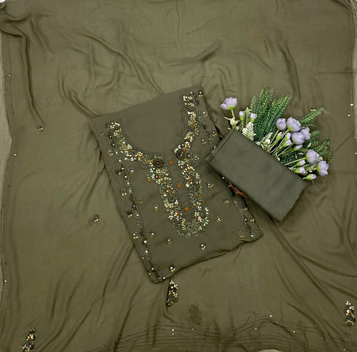 502C Georgette Mehndi Green Suit Fabric / CKC Georgette Suits