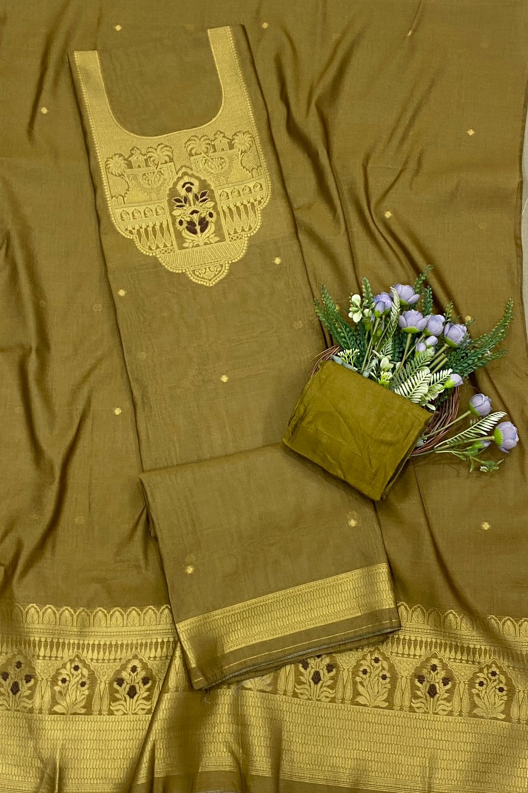 636C Jamdani Mehndi Green Suit Fabric / CKC Jamdani Suits