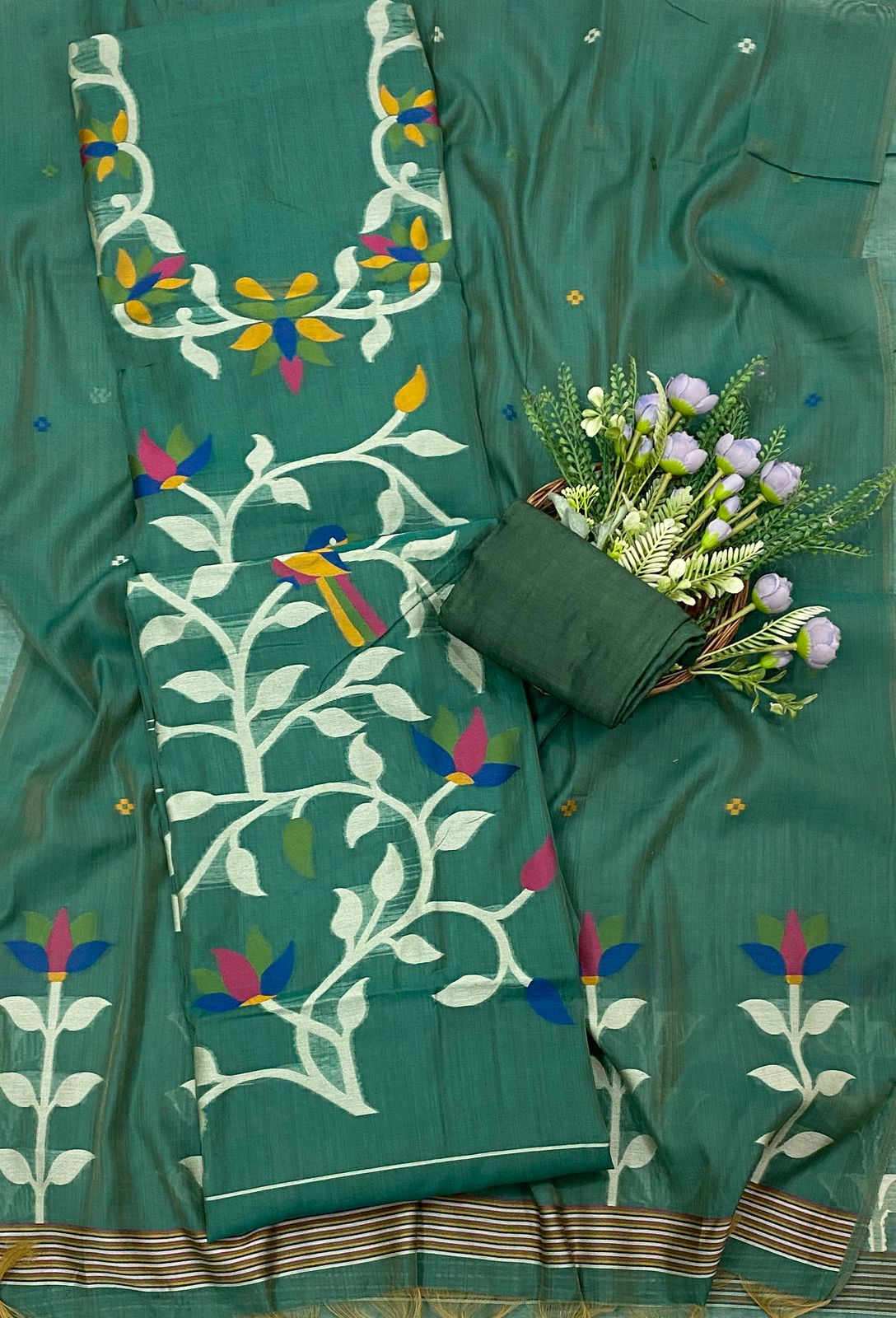 586C Jamdani Dark Green Suit Fabric / CKC Jamdani Suits