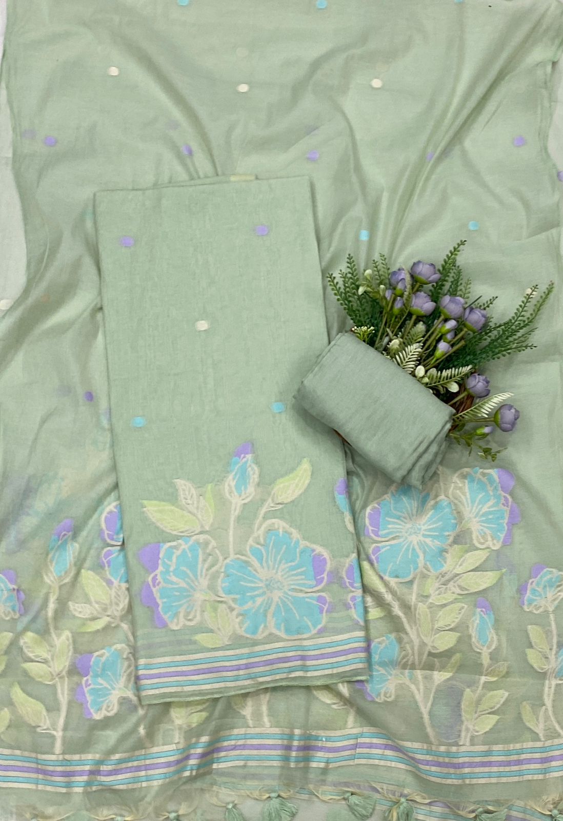 561C Mul Chanderi Light Green Suit Fabric/ CKC Mul Cotton