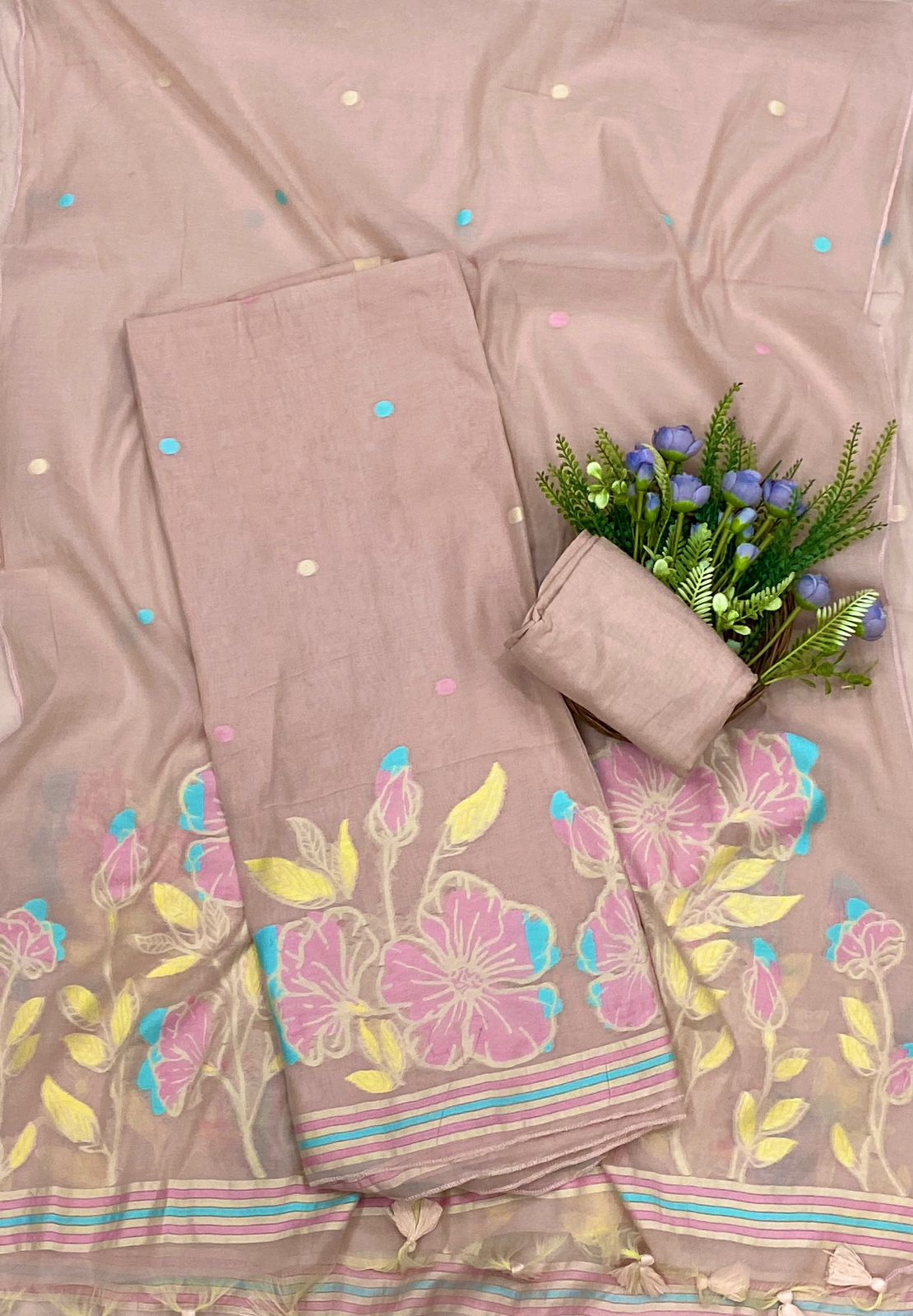 563C Mul Chanderi Peach Suit Fabric/ CKC Mul Cotton