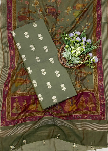 556C Mushrise Cotton Mehndi Green Suit Fabric / CKC Cotton Bazaar