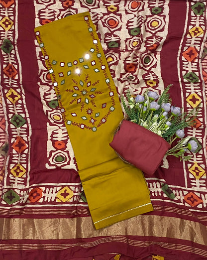 602C Jaipuri Modal Silk Mustard With Red Suit Fabric / CKC Jaipuri Suits