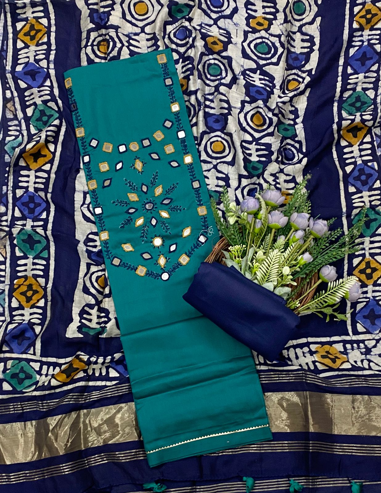 603C Jaipuri Modal Silk Blue With Navy Blue Suit Fabric / CKC Jaipuri Suits