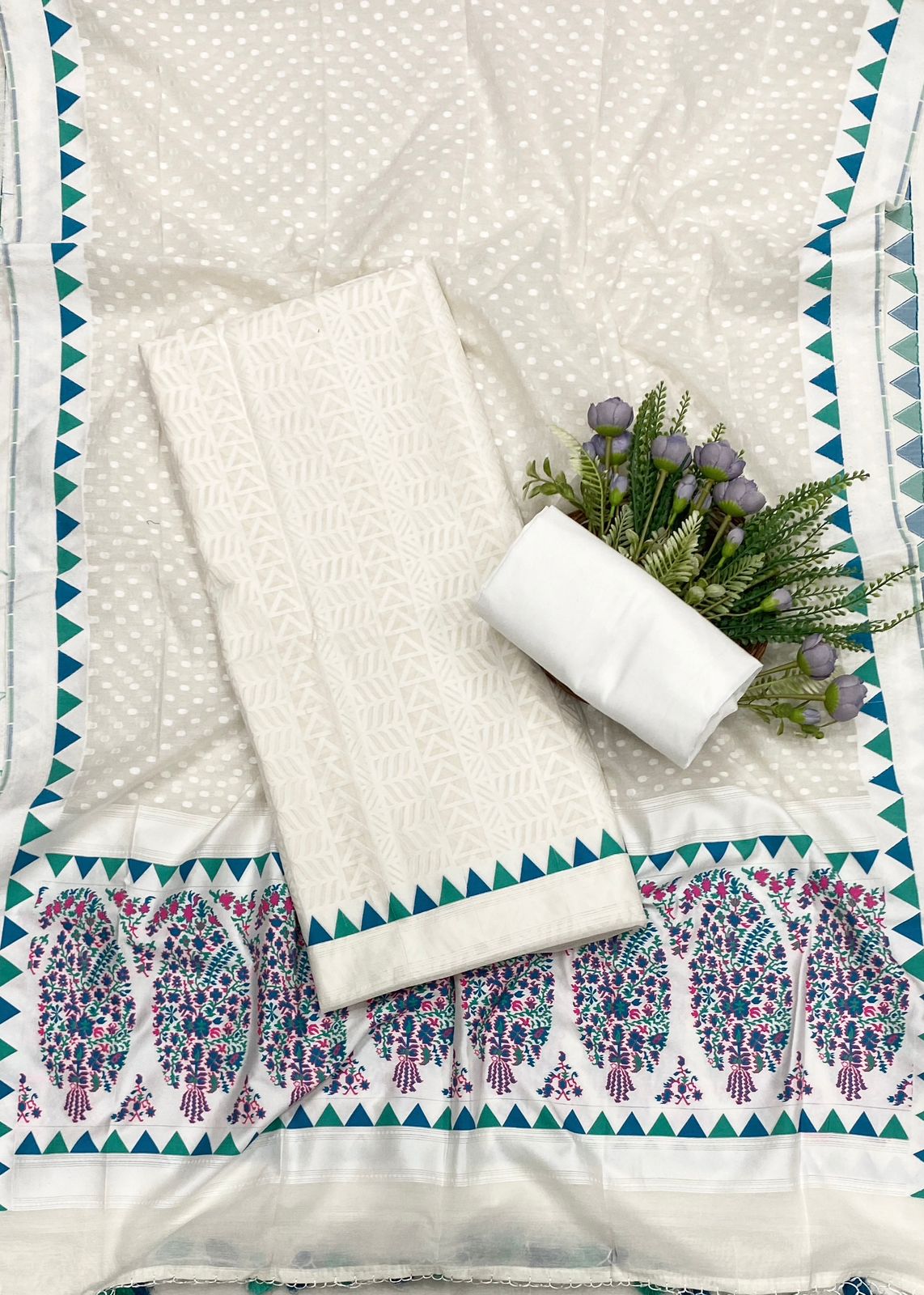 554C  Handloom Jamdani White With Blue Suit Fabric / CKC Jamdani Suits