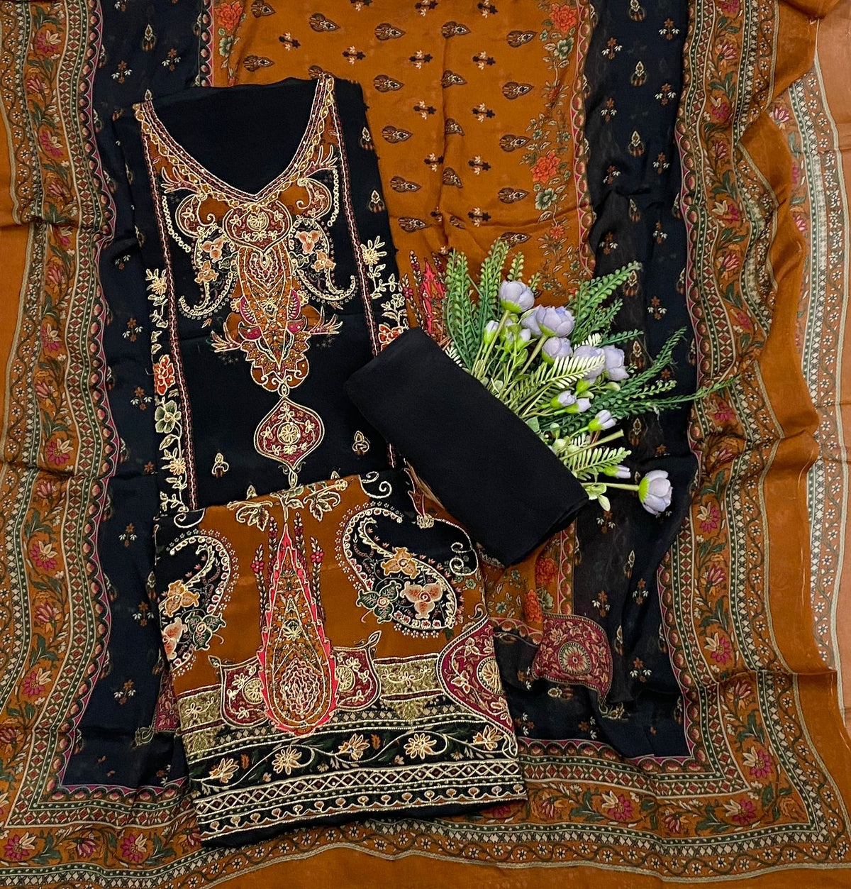 535C Crepe Black With Dark Rust Orange Suit Fabric/ CKC Partywear Collection