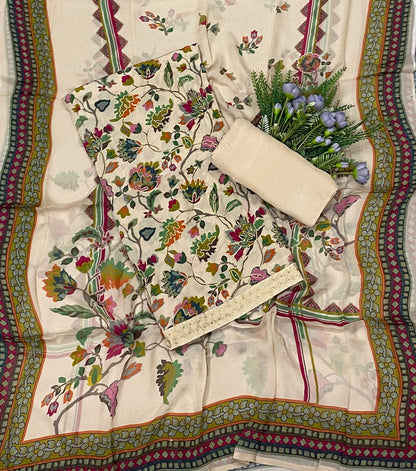 624C Crepe Aari Embroidery Cream Suit Fabric / CKC Crepe Suits