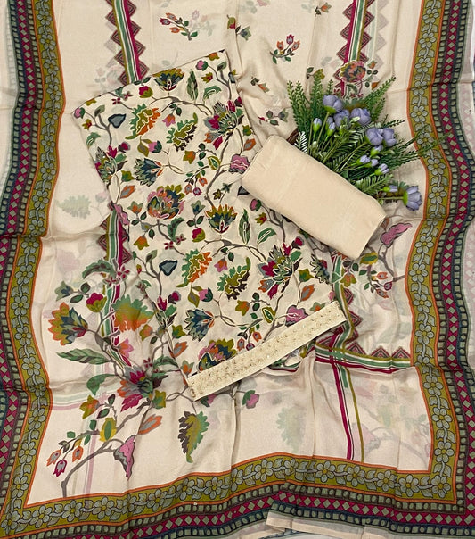 624C Crepe Aari Embroidery Cream Suit Fabric / CKC Crepe Suits