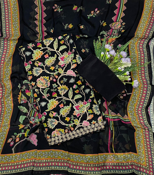 623C Crepe Aari Embroidery Black Suit Fabric / CKC Crepe Suits