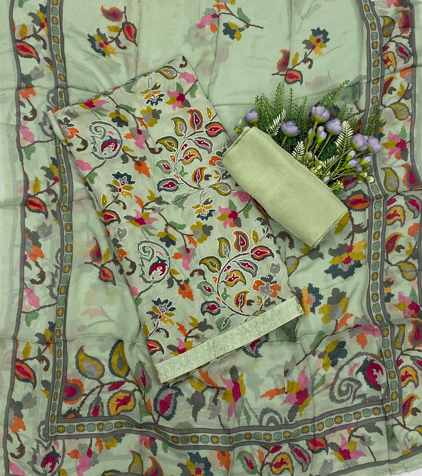 620C Crepe Aari Embroidery Pista Green Suit Fabric / CKC Crepe Suits